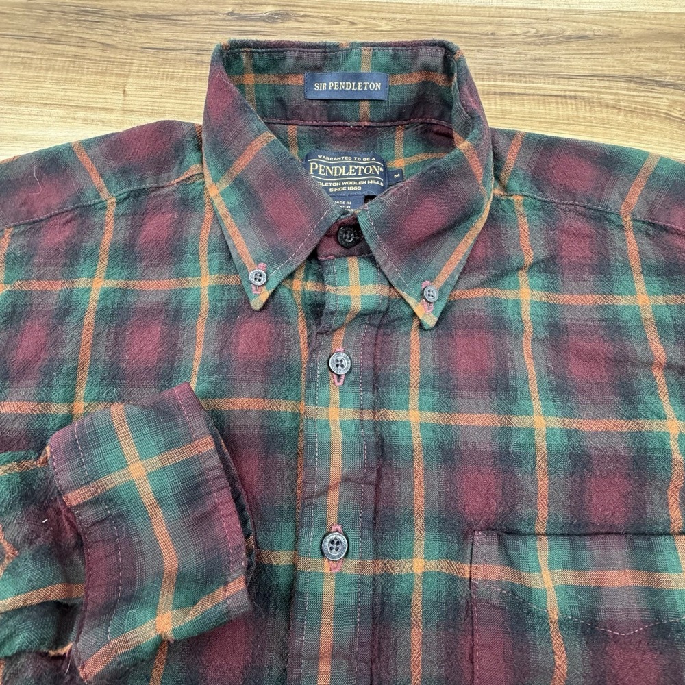 SIR PENDLETON Men's M 100% Wool Button Down Shirt Plaid Green Burgundy